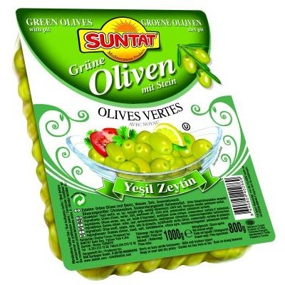 Green Olives w. pit 800g vac.