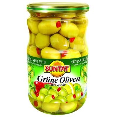 Grüne Oliven m. Paprika 720ml Gl.