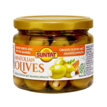 SUNTAT Grüne Oliven mit Mandeln 12 x 300 ml Dose.