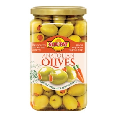 Grüne Oliven m. Karottenpaste 850ml(850g)Gl.